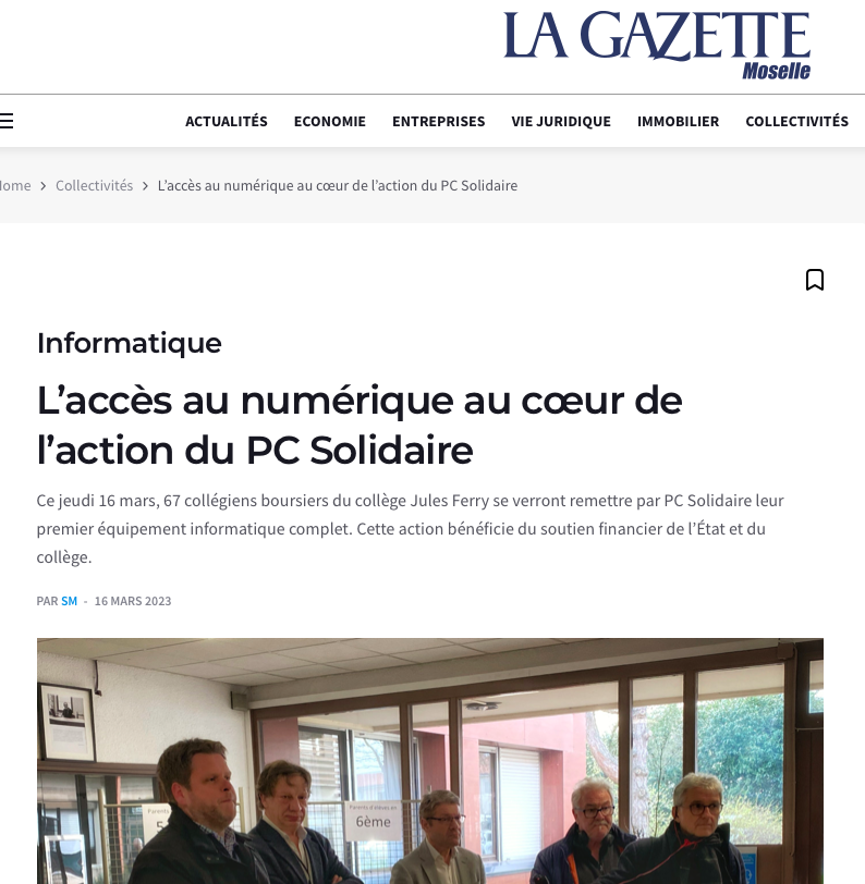 Gazette Moselle juin 2023 PC Solidaire organise grande collecte matériel informatique solidaire
