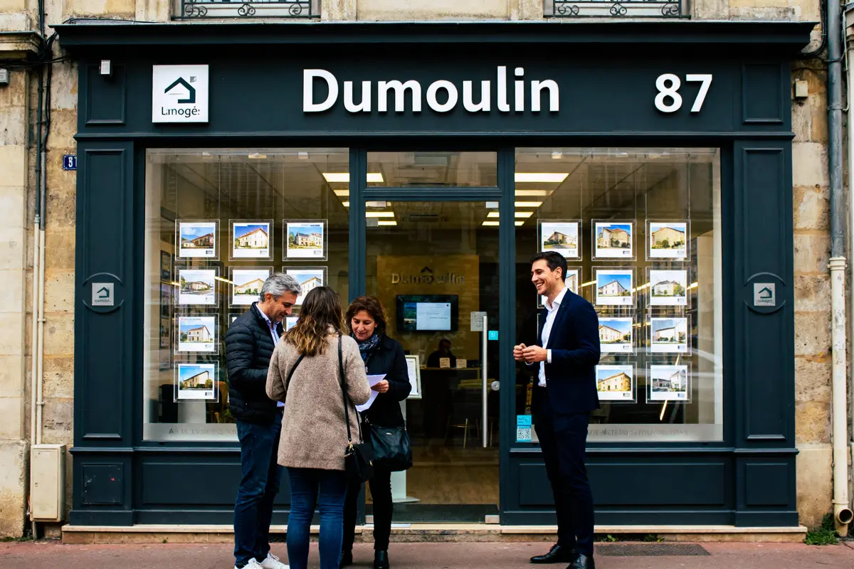 Devanture d'agence immobilière avec personnes discutant devant panneaux d'affichage de maisons.