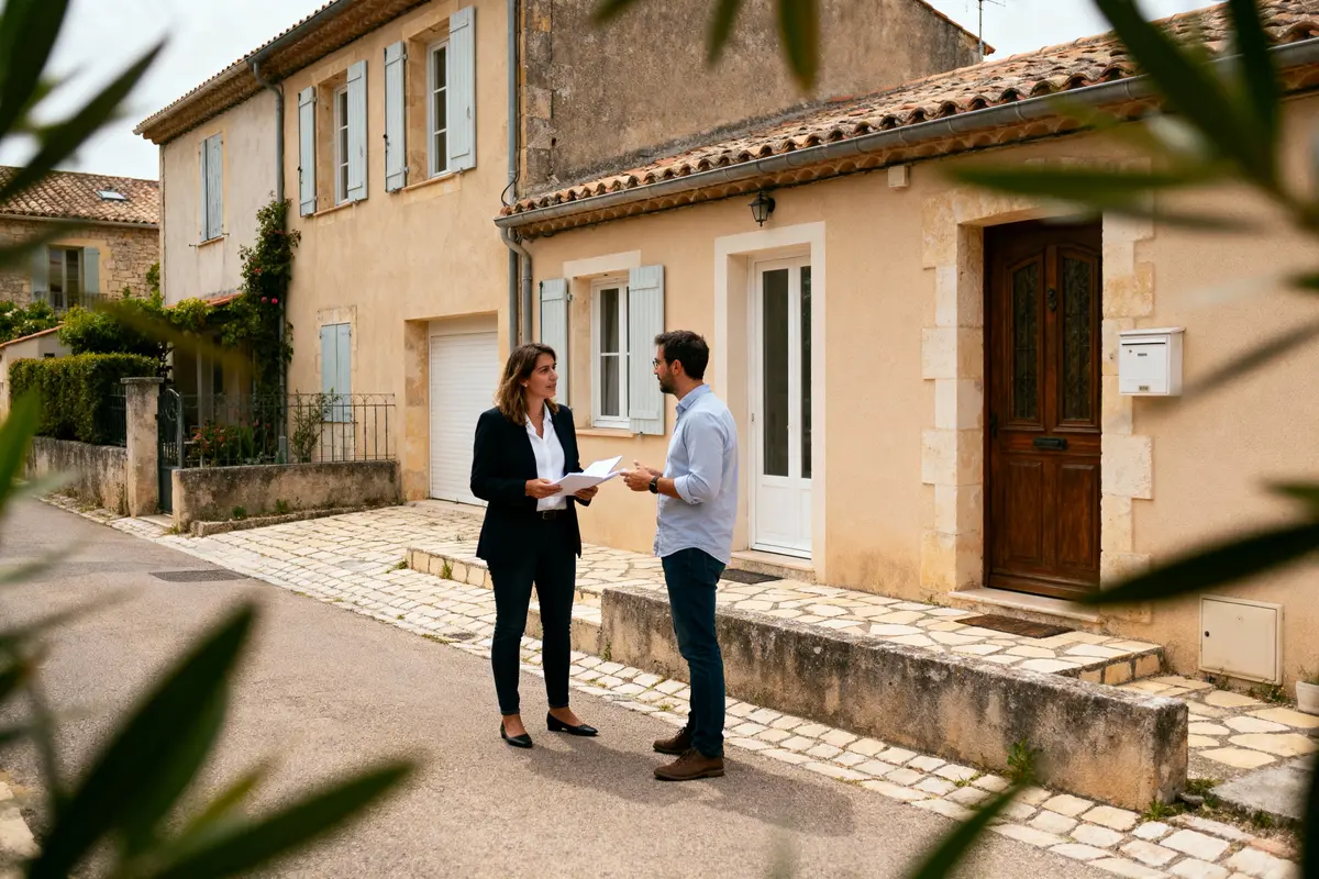 Deux personnes discutent devant une maison en pierre, dans une rue calme et bordée de végétation.