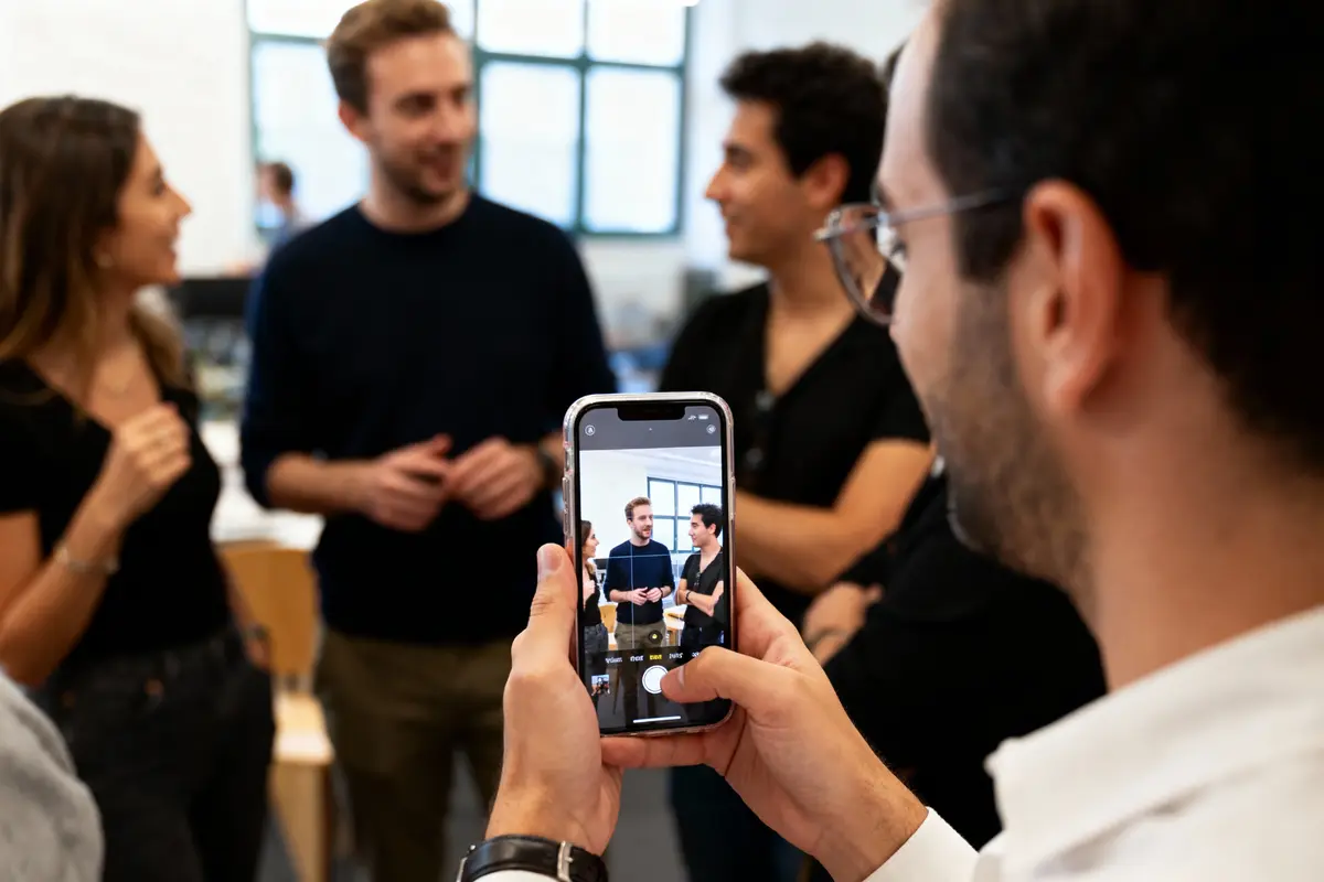 Personne prenant une photo de quatre personnes discutant dans un bureau moderne, visibles sur l'écran du smartphone.