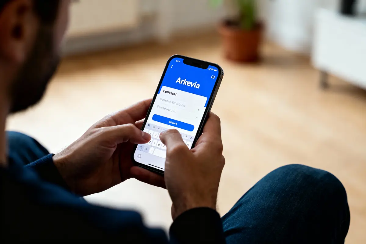 Homme utilisant smartphone avec application "Arkevia", saisissant informations de sécurité sur écran tactile. Environnement intérieur flou.