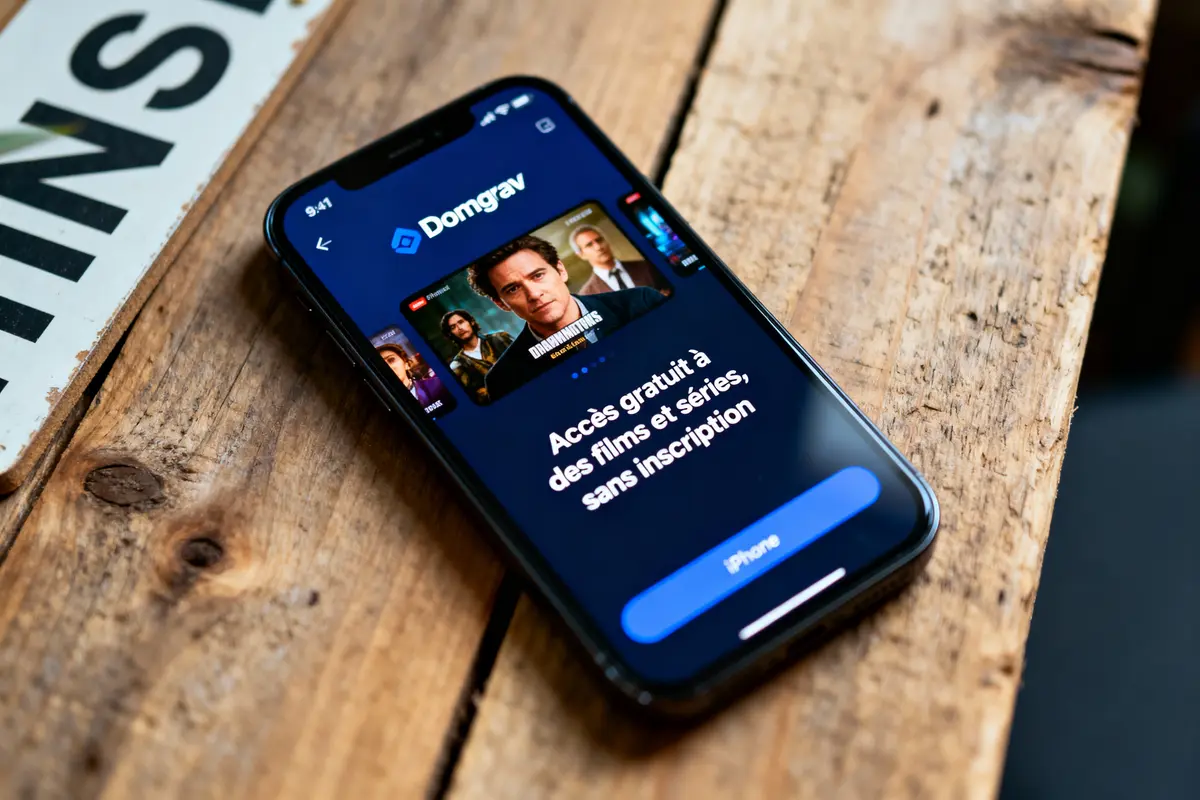 Smartphone sur table affichant une application de streaming gratuite pour films et séries sans inscription, intitulée "Domgrav".