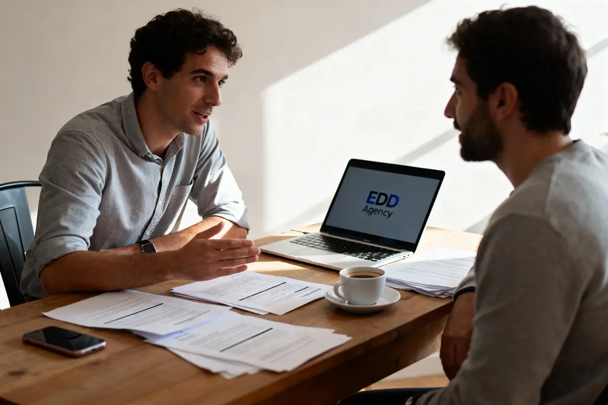 Deux hommes discutant autour d'une table avec documents, café, ordinateur portable affichant "EDD Agency".