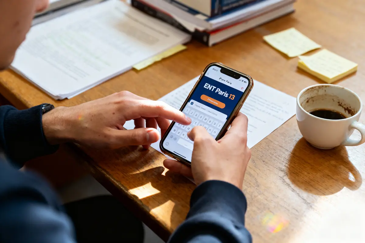 Personne utilisant un smartphone pour accéder à ENT Paris 13, devant une table avec papiers et café.