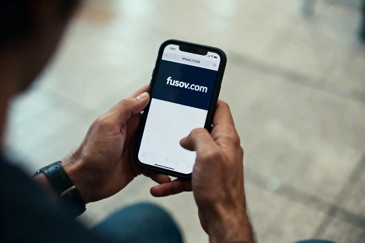 Personne tenant un smartphone affichant le site web fusov.com, dans une interface de navigateur moderne.