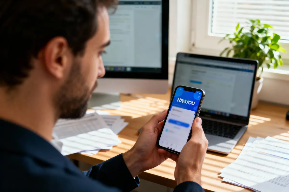 Homme tenant un smartphone affichant "HR4YOU", devant des écrans d'ordinateur, papiers et plante sur bureau.