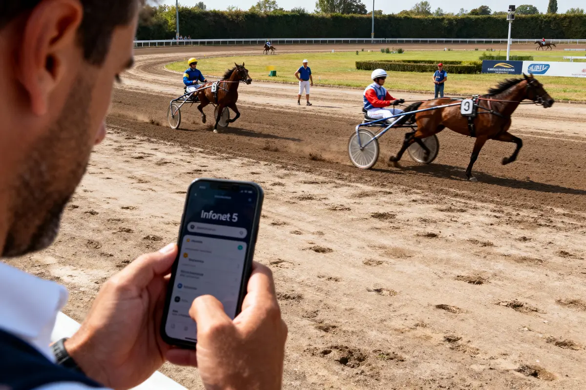 Course de trot attelé, homme consulte smartphone au premier plan. Chevaux avec jockeys sur piste.