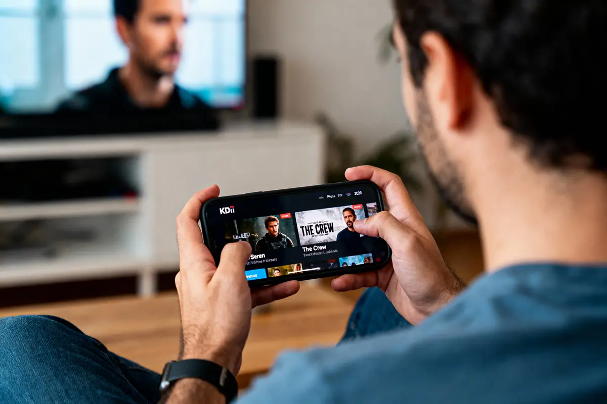Un homme regarde une application de streaming sur son smartphone, avec une télévision allumée en arrière-plan.