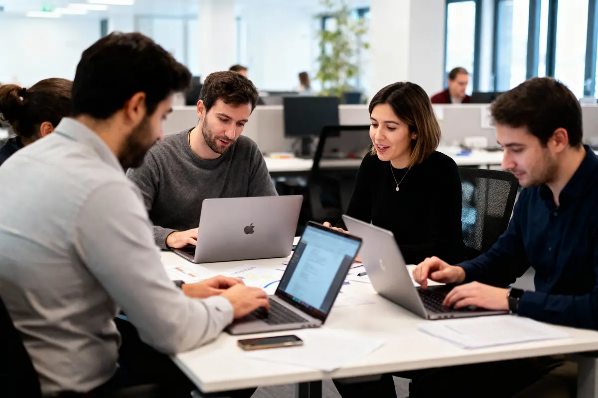Quatre personnes travaillent sur des ordinateurs portables autour d'une table dans un bureau moderne et lumineux.