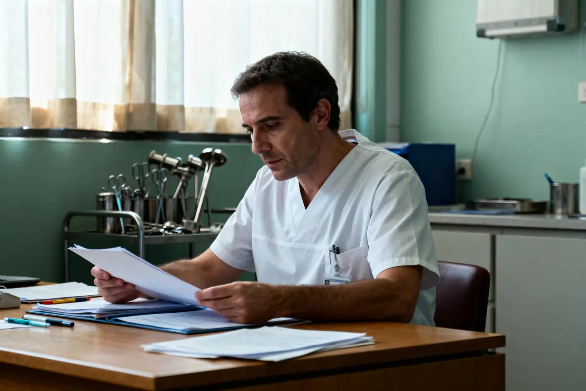 Un professionnel de santé consulte des documents à un bureau d'hôpital, entouré d'équipements médicaux stériles.