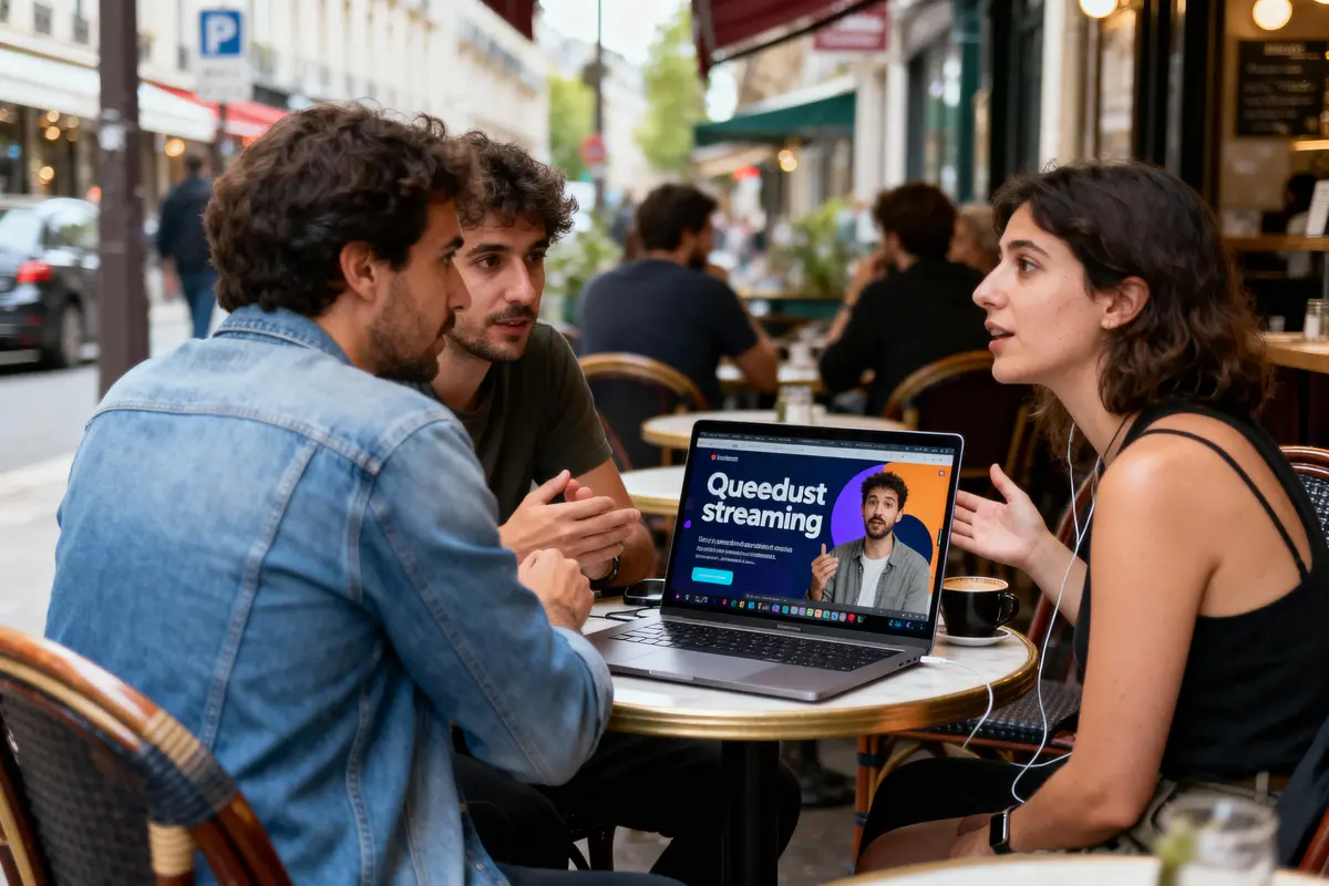 Trois personnes discutent à une terrasse, un ordinateur portable affichant "Queedust streaming".