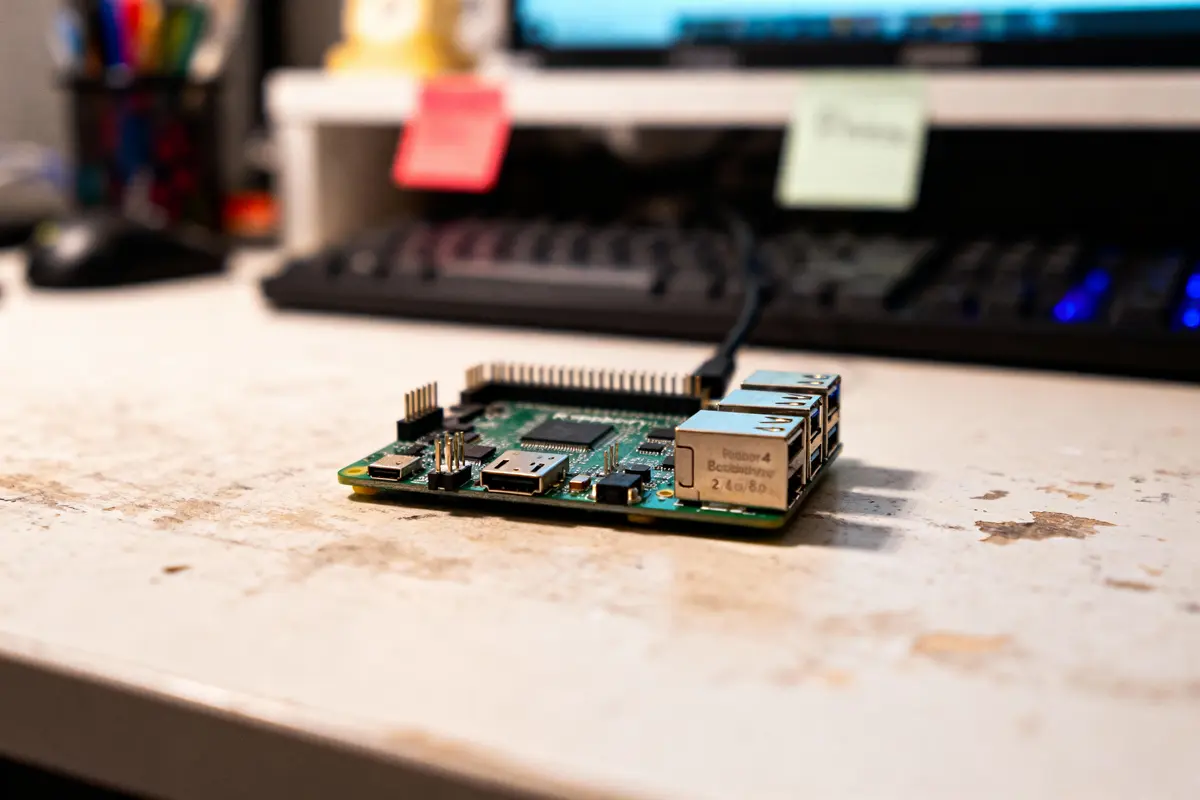 Carte mère Raspberry Pi sur un bureau, ordinateur et clavier flous en arrière-plan.