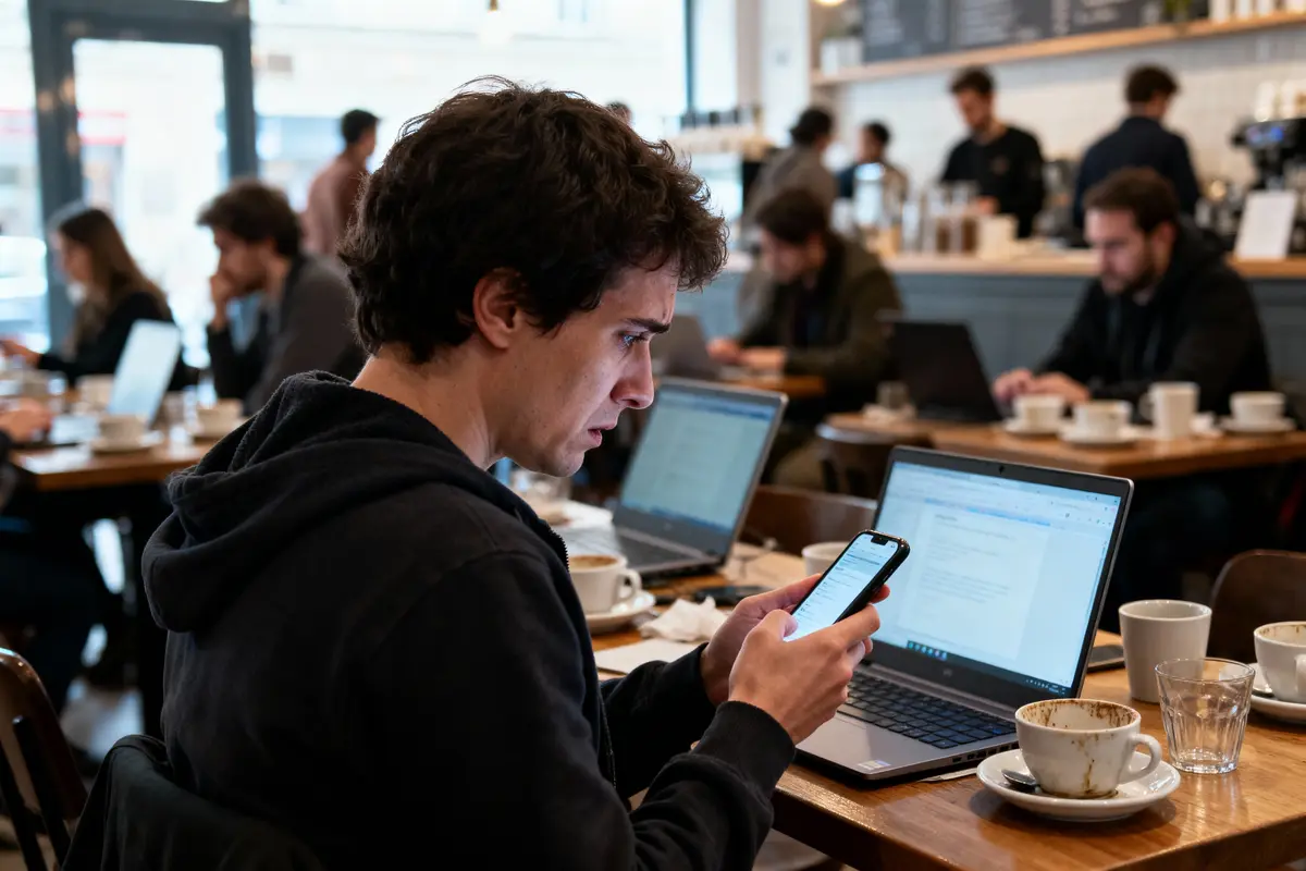 Homme dans un café, utilisant smartphone et ordinateur portable, entouré de personnes avec café et ordinateurs.
