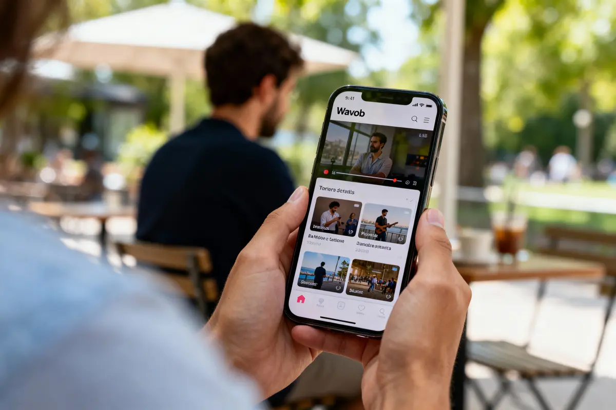 Personne tenant un smartphone affichant une application vidéo en extérieur, avec arrière-plan flou de café en terrasse.