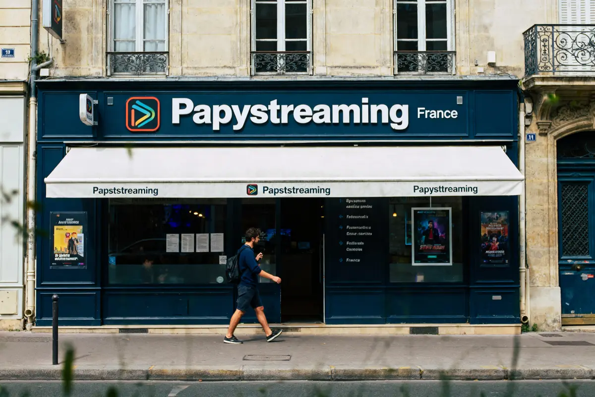 Façade d'un bâtiment avec le logo "Papystreaming" et une personne marchant devant.