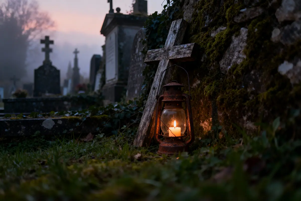 Cimetière à l'aube, lanterne allumée proche d'une croix en bois, atmosphère sombre et brumeuse.