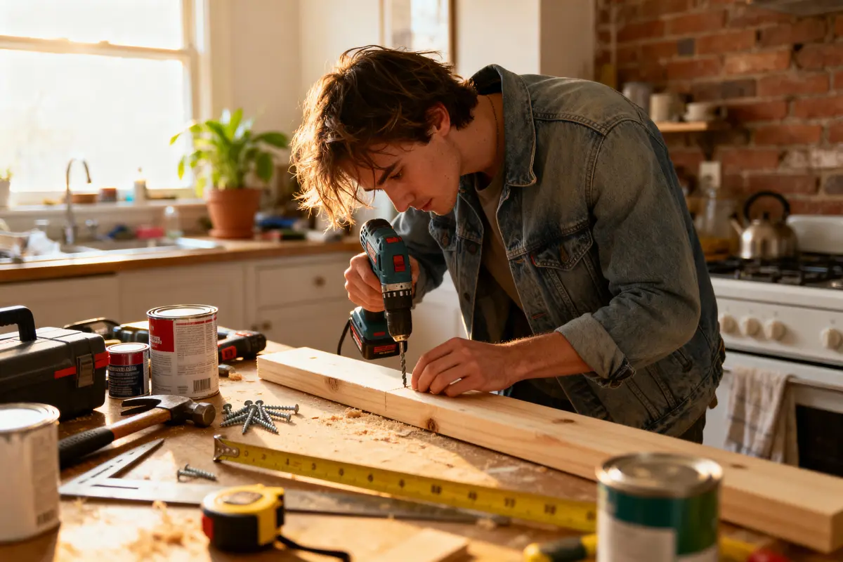 Jeune homme utilisant une perceuse pour du bricolage dans une cuisine, entouré d'outils et de matériaux.