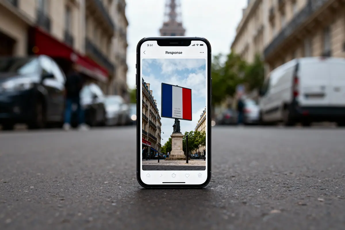 Smartphone affichant une photo de monument parisien avec drapeau français, posé sur une rue pavée floue.