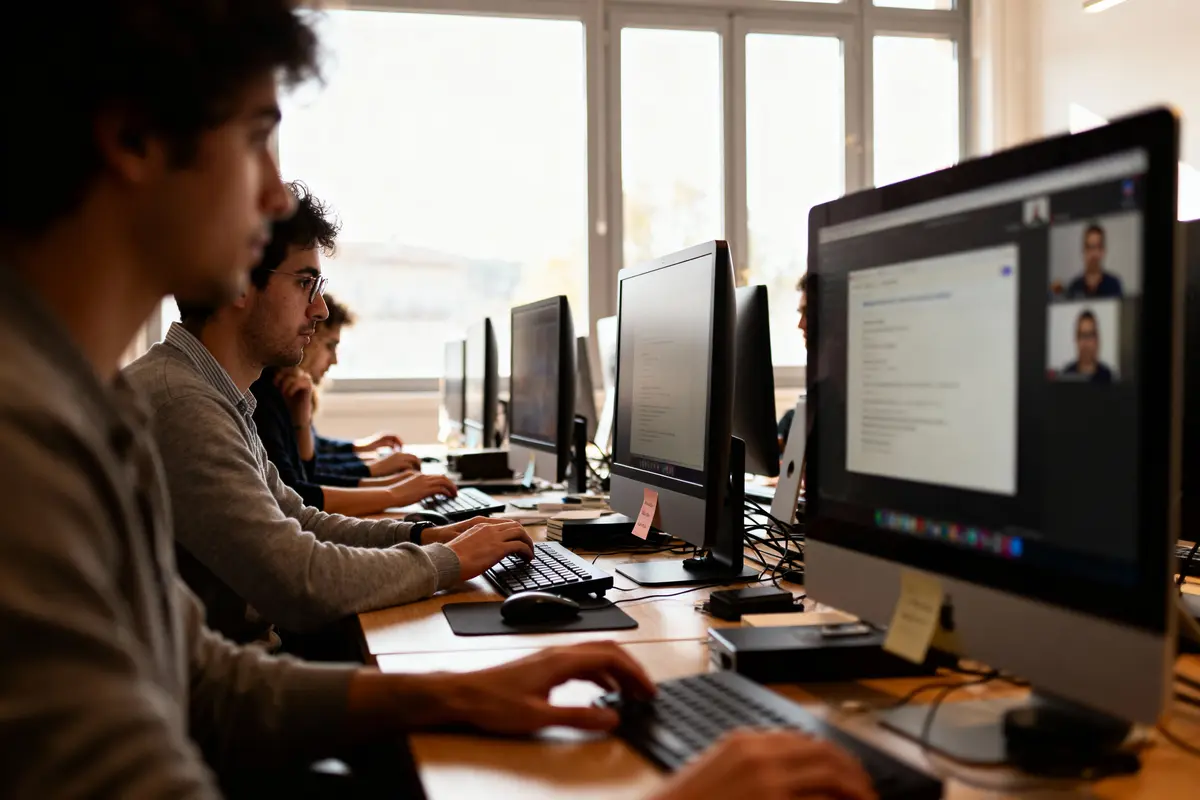 Personnes travaillant sur des ordinateurs dans un bureau, participant à une réunion en ligne via vidéo conférence.
