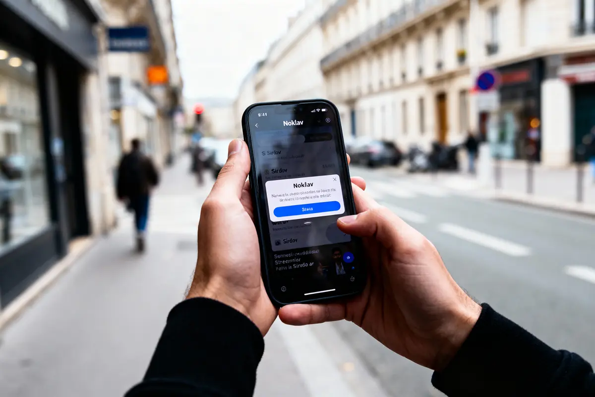 Personne tenant un smartphone avec application ouverte, rue urbaine en arrière-plan, bâtiments flous.