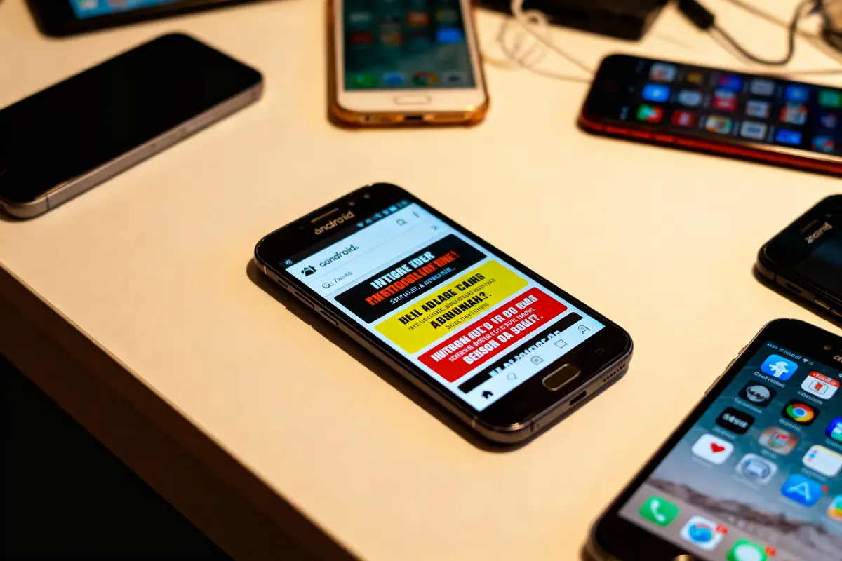 Plusieurs smartphones sur une table, affichant différentes applications et écrans d'accueil colorés.