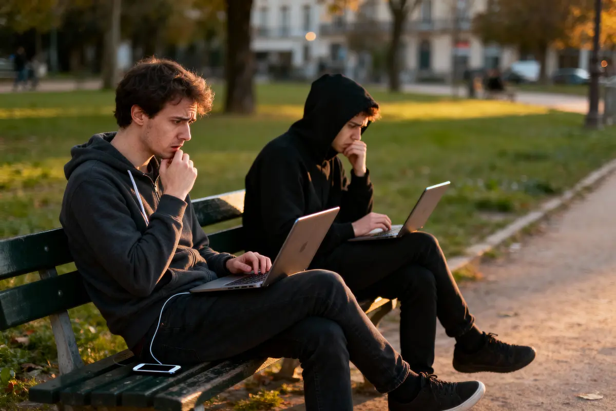 Deux personnes réfléchissent, assises sur un banc dans un parc, travaillant sur leurs ordinateurs portables.
