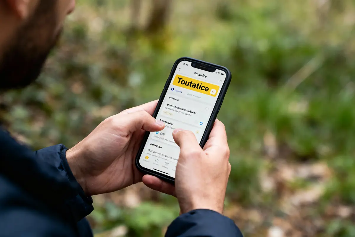 Une personne utilisant l'application "Toutatice" sur un smartphone en extérieur, avec flou d'arrière-plan verdoyant.