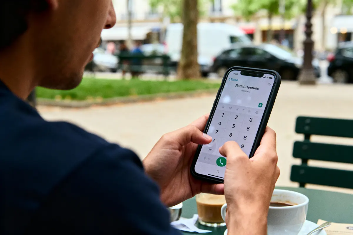Personne utilisant un smartphone pour composer un numéro, assis à l'extérieur près d'une table avec café.