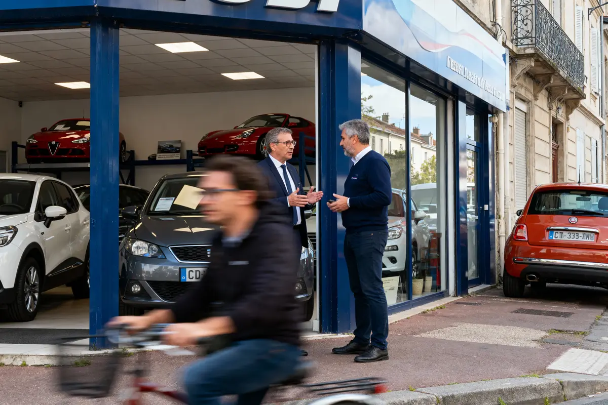 Homme en vélo passe devant concession automobile, deux hommes discutent devant la vitrine, voitures exposées.