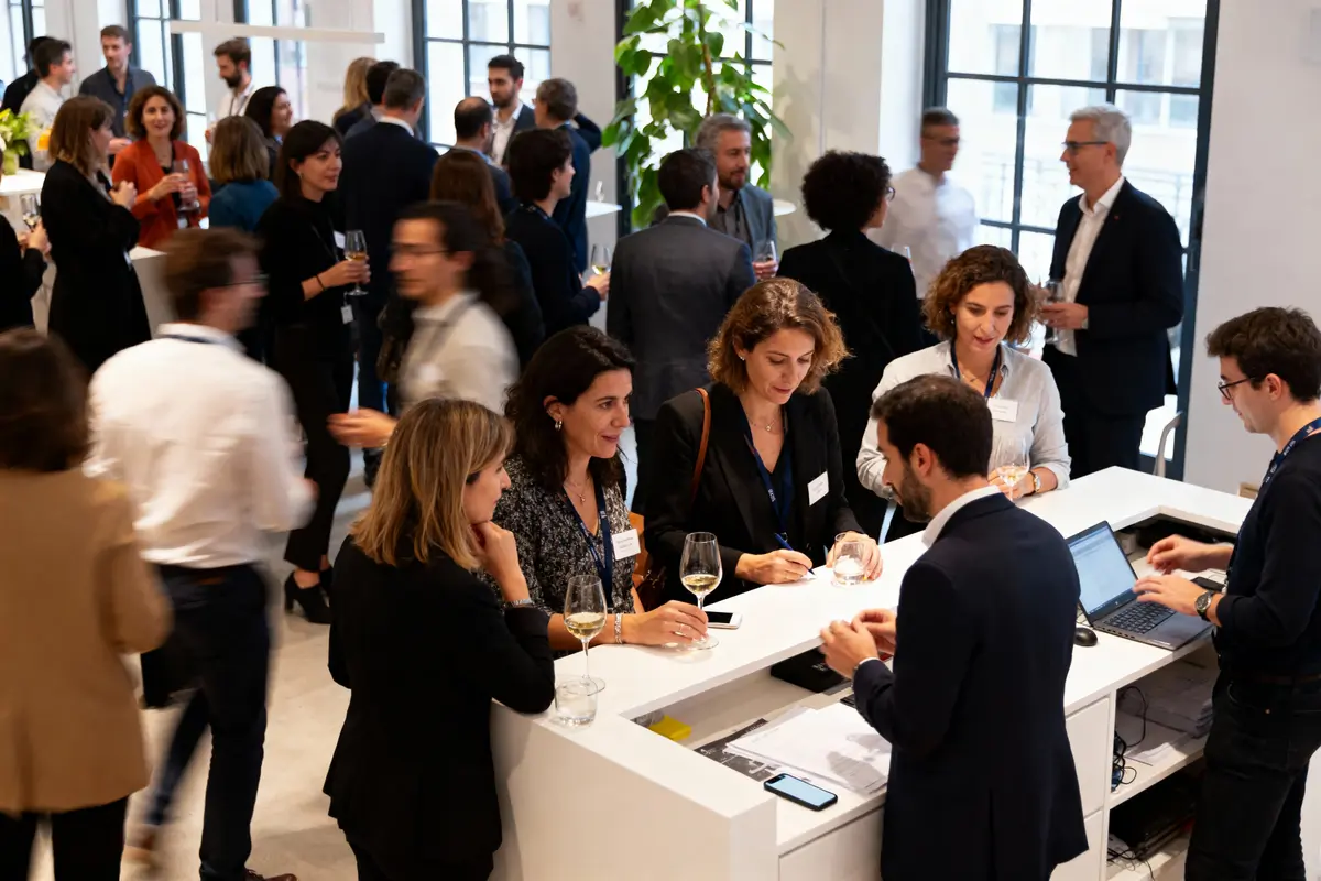 Groupe de personnes discutant et réseautant lors d'un événement professionnel dans un espace moderne et lumineux.