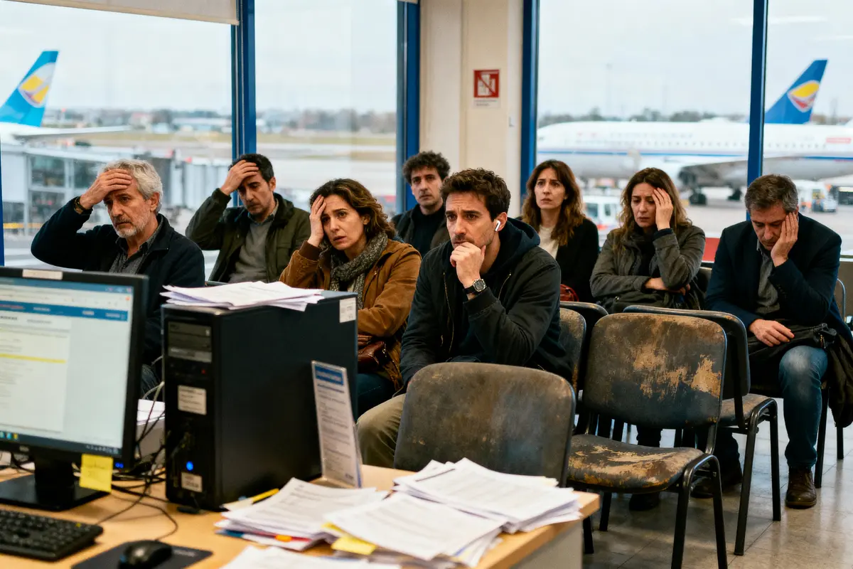 Personnes assises préoccupées dans une salle d'attente d'aéroport. Avion visible à l'extérieur par la fenêtre.
