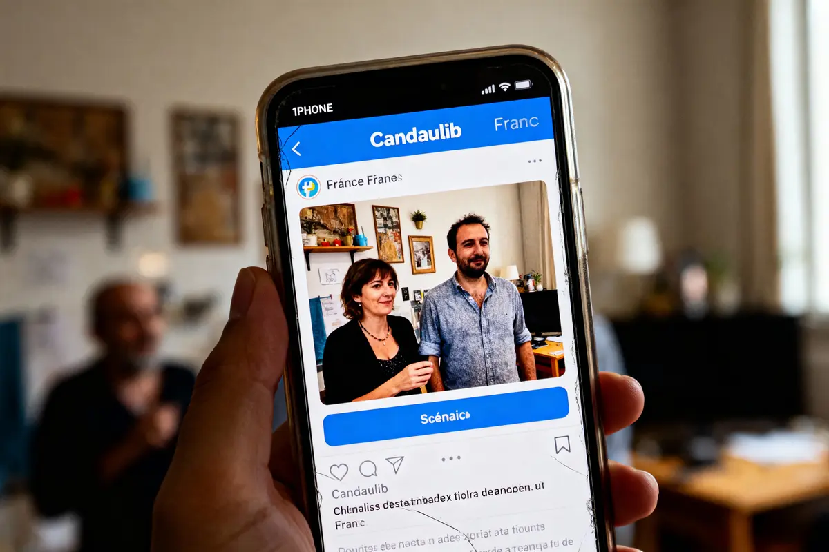Smartphone montrant une publication sur les réseaux sociaux avec deux personnes devant un écran et des étagères.