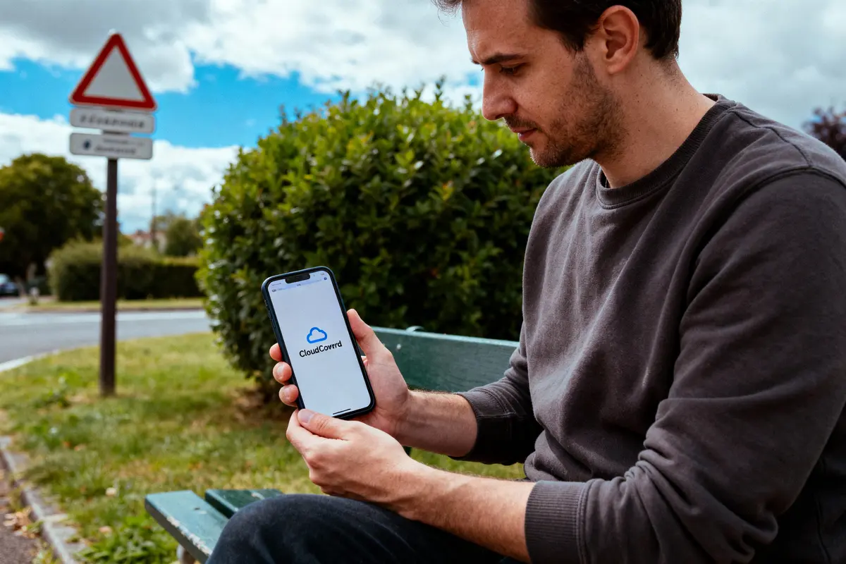 Homme utilisant un smartphone avec CloudCowrd, assis sur un banc, panneau de rue et buissons en arrière-plan.