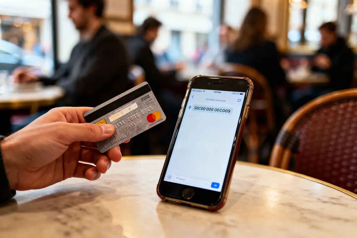 Une main tient une carte de crédit et un iPhone affichant un code, dans un café.