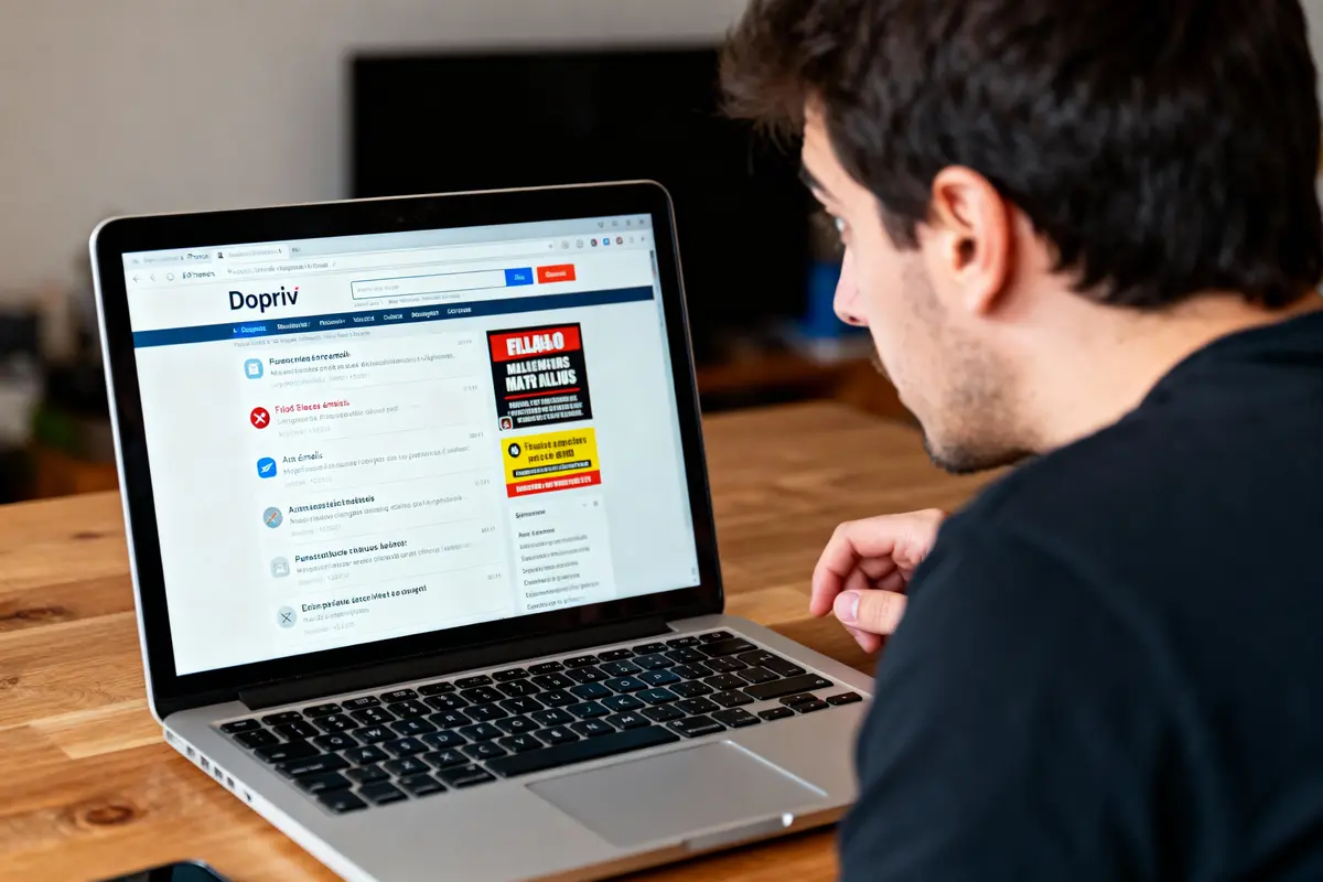 Homme utilisant un ordinateur portable avec site web "Dopriv" visible à l'écran, intérieur moderne en arrière-plan.