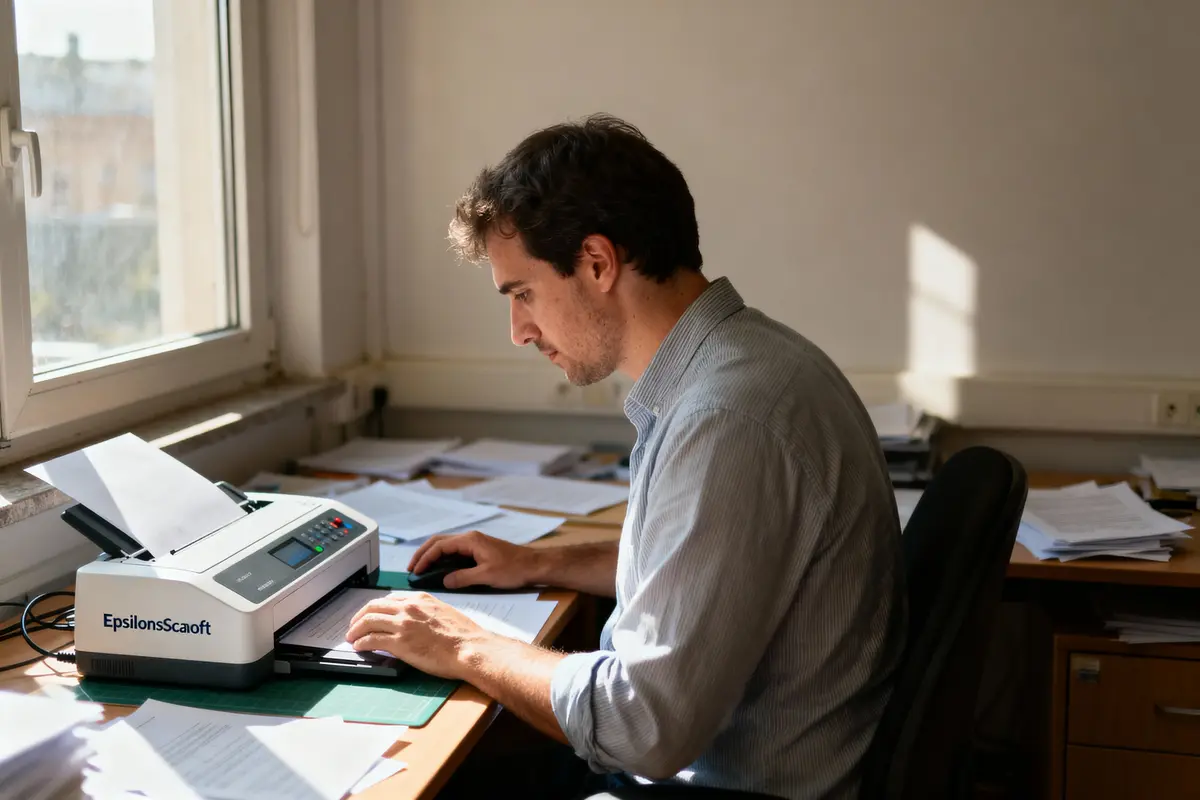 Homme travaillant au bureau, numérisant des documents avec un scanner, entouré de papiers, éclairé par la lumière du jour.