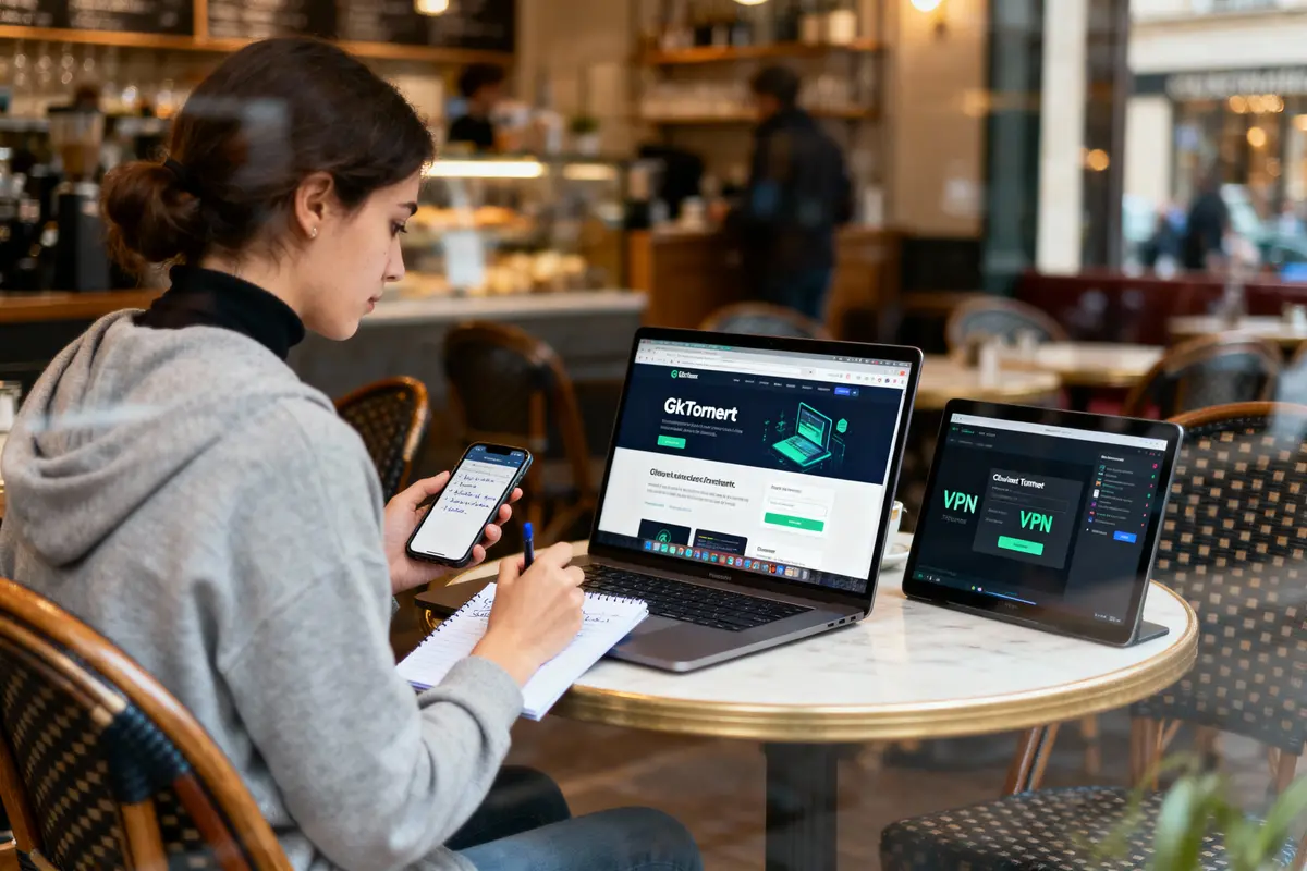 Personne travaillant sur ordinateur portable dans un café, avec téléphone et carnet. Écrans affichent sites VPN.