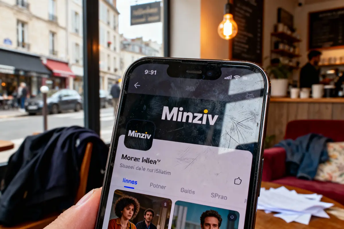 Smartphone affichant une application nommée "Minziv" dans un café avec vue sur la rue en arrière-plan.