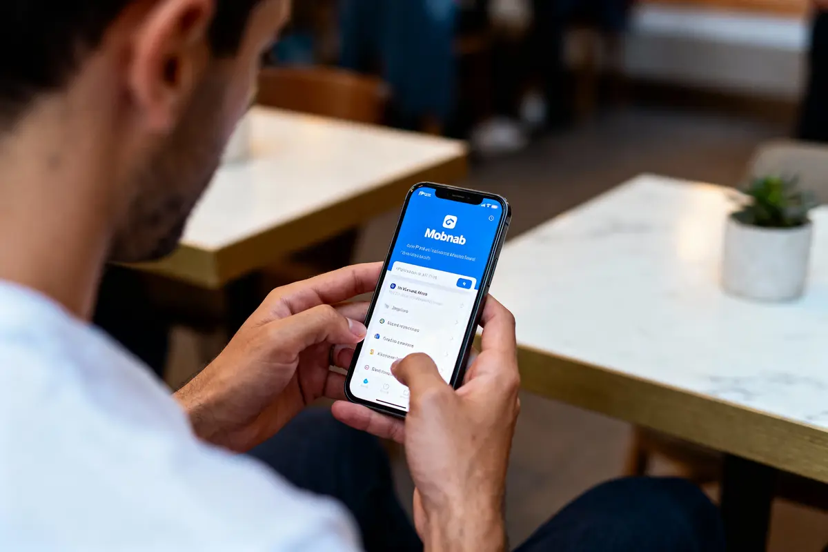 Un homme utilise l'application Mobnab sur son smartphone dans un café.