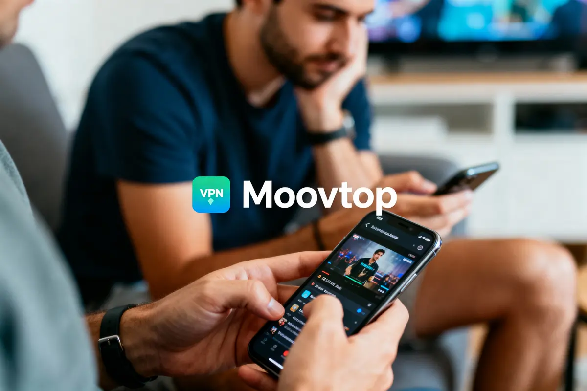 Deux personnes regardent des smartphones, l'application Moovtop VPN visible sur l'écran, logo affiché au centre.