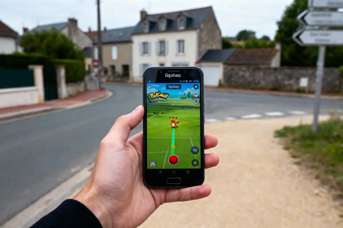 Main tenant un téléphone avec Pokémon Go, rue de village en arrière-plan.