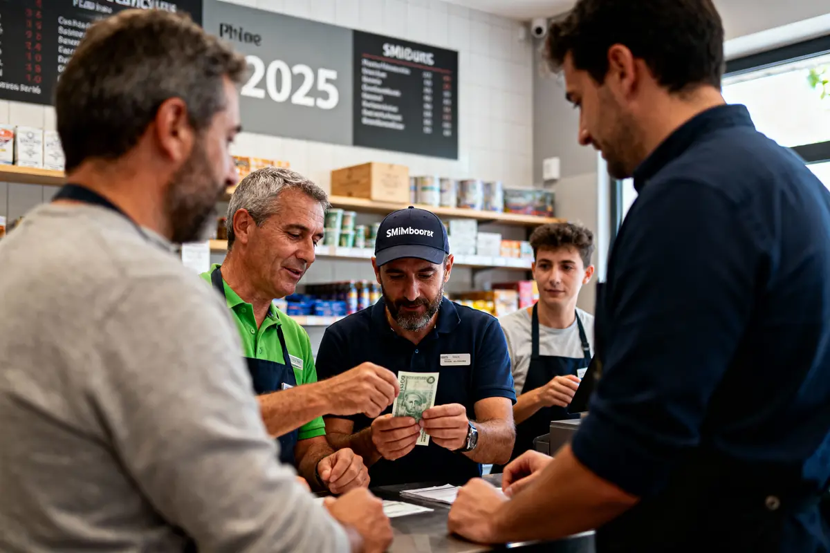 Groupe d'hommes discutant autour d'une caisse dans une épicerie avec des billets en main.