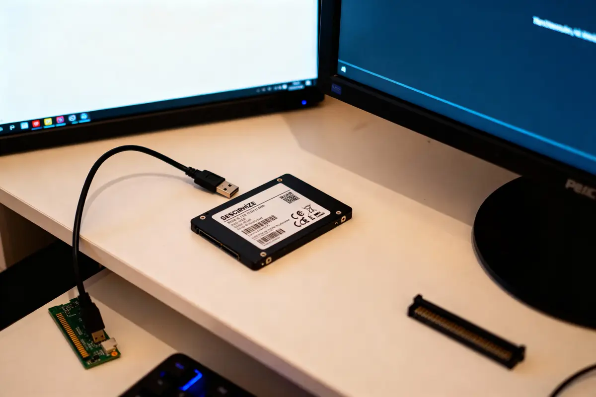 Disque SSD connecté à un adaptateur USB, placé sur un bureau entre deux écrans d'ordinateur.