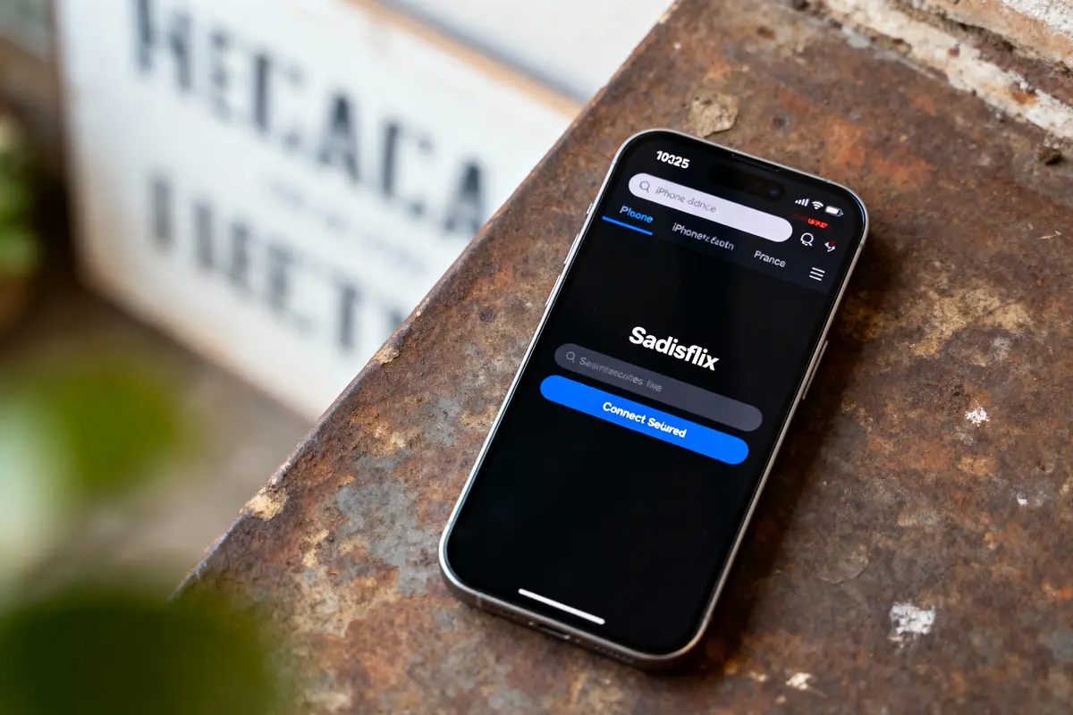 Smartphone sur table rouillée affichant l'application "Sadisflix", option de connexion sécurisée visible, arrière-plan flou.