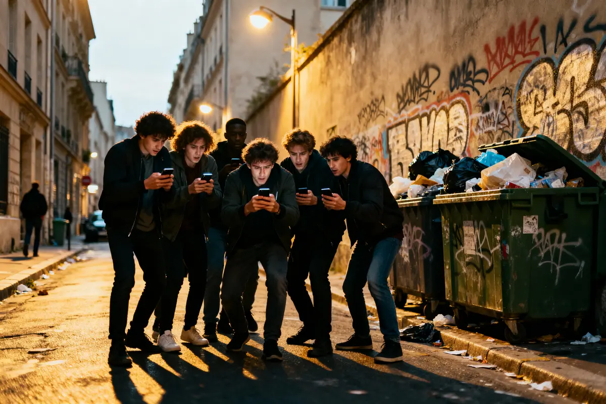 Sept jeunes regardant leurs téléphones dans une ruelle graffiti, près de poubelles débordantes, la nuit.