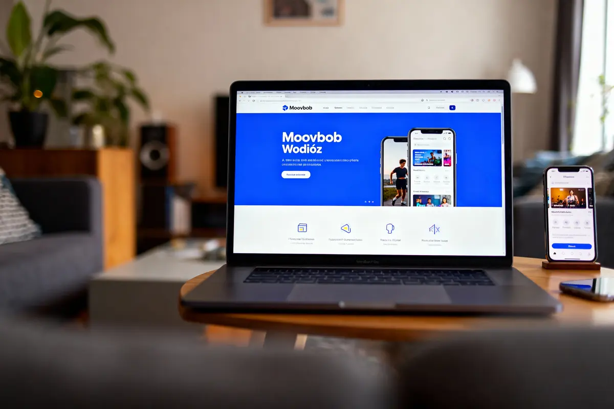Ordinateur portable et smartphone affichant le site web Moovbob dans un salon moderne et lumineux.