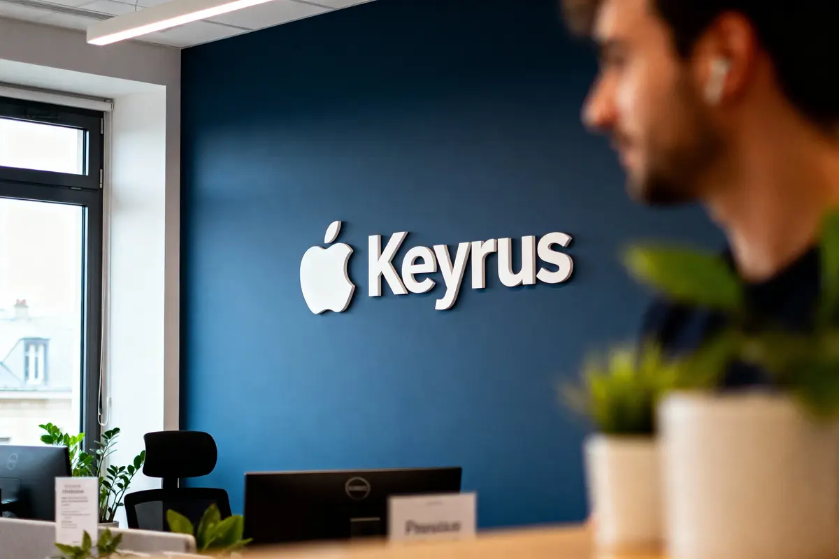 Mur bleu avec logo Apple Keyrus, homme flou au premier plan, bureaux et plantes en arrière-plan.