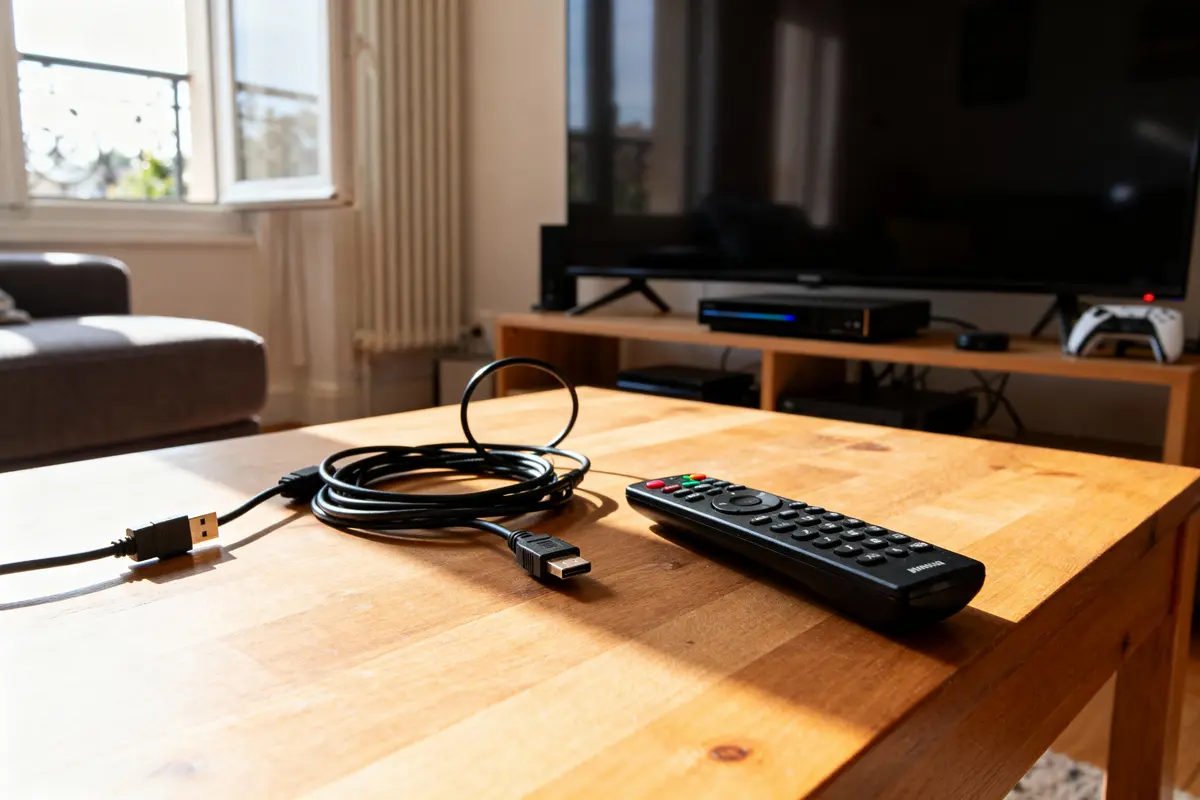 Télécommande et câble USB sur table en bois, télévision à l'arrière-plan dans un salon lumineux.