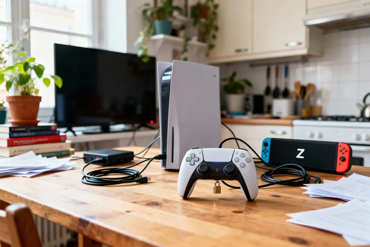 Console de jeux sur table en bois, télécommande verrouillée, téléviseur et cuisine en arrière-plan.
