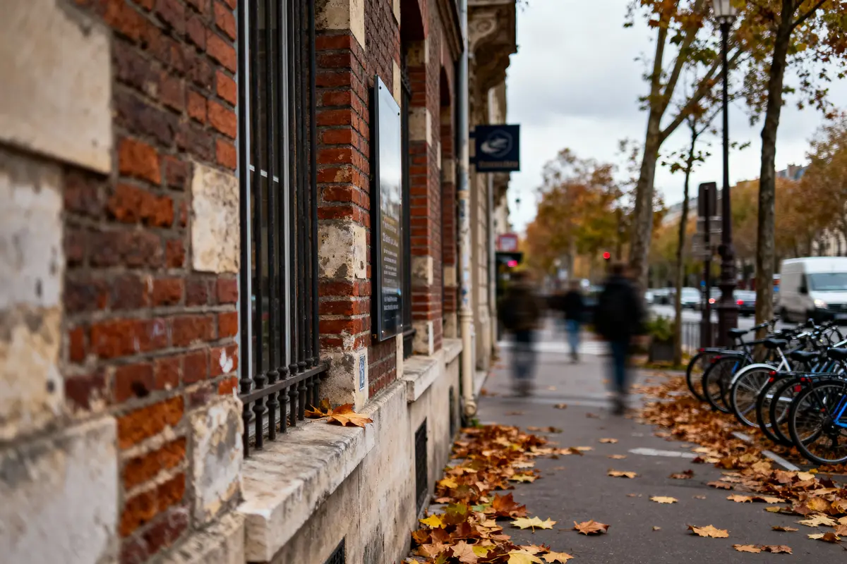 Rue bordée de briques, feuilles mortes au sol, passants flous, vélos garés, journée automnale grise.